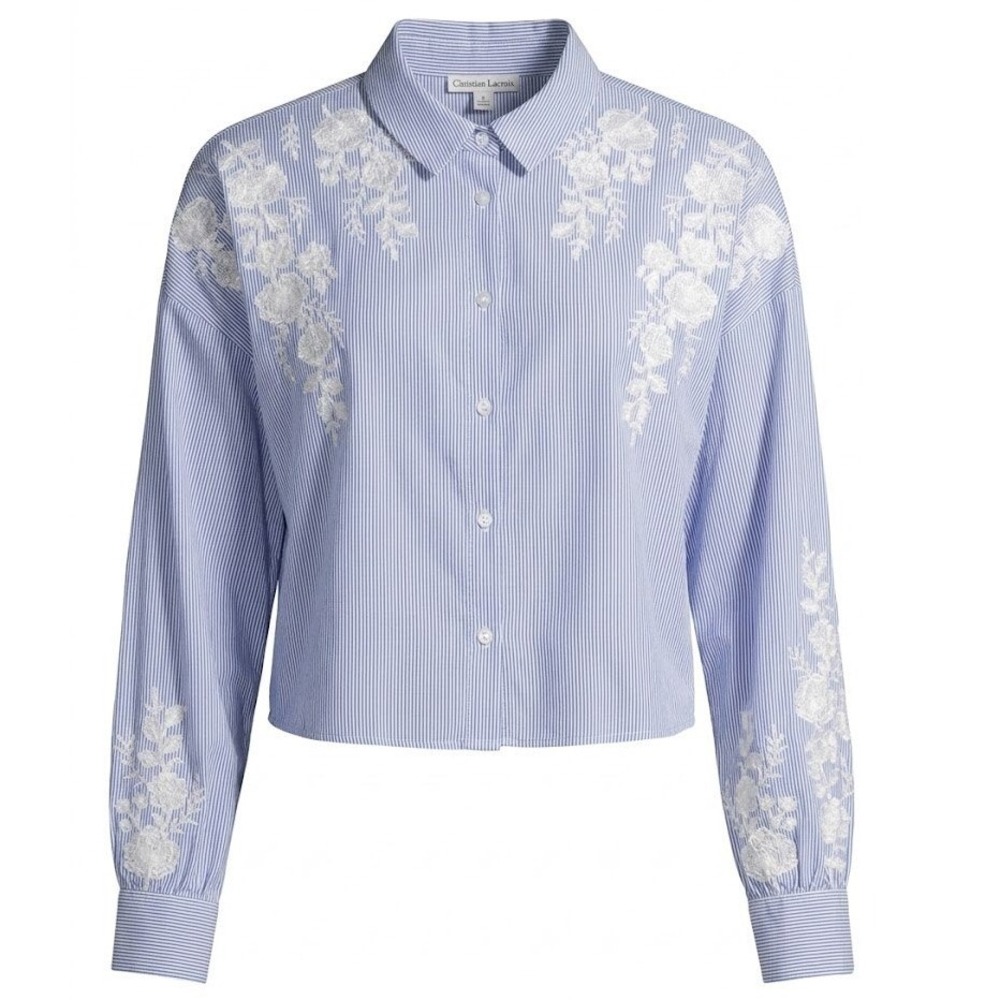 Christian Lacroix Blue White Striped Floral Embroidered Cropped Shirt Large - CJ